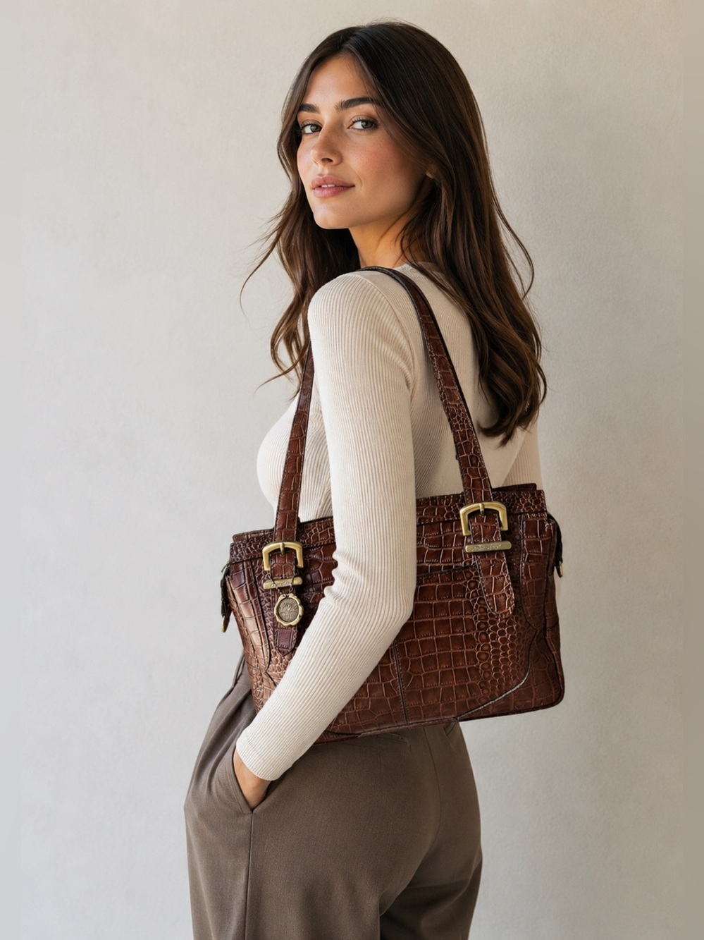 Patricia Nash Helmsley Satchel British Tan Croco-Distressed Leather CLEAN EUC
